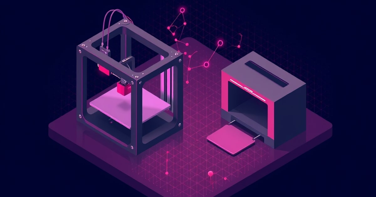 Flat isometric illustration of an open dark printer frame with a magenta build plate beside a closed magenta-lit machine ejecting a finished plate.