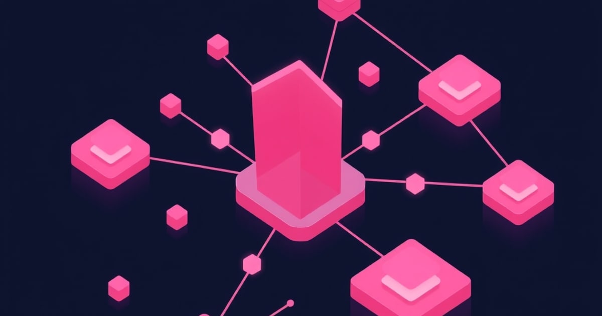 Flat isometric illustration of a tall pink column on a plinth linked by thin lines to rounded tiles marked with check marks on a dark navy field.